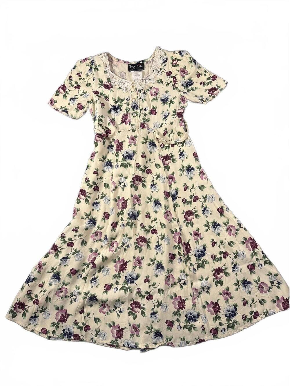 Vintage Jazz Kids Floral Prairie Dress Girls Size 12 Cottagecore Lace Collar